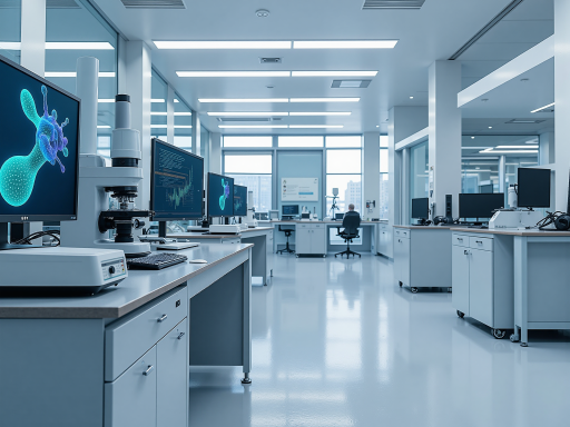 现代化医疗科技公司办公环境，员工在实验室进行技术研发工作，高科技医疗设备展示